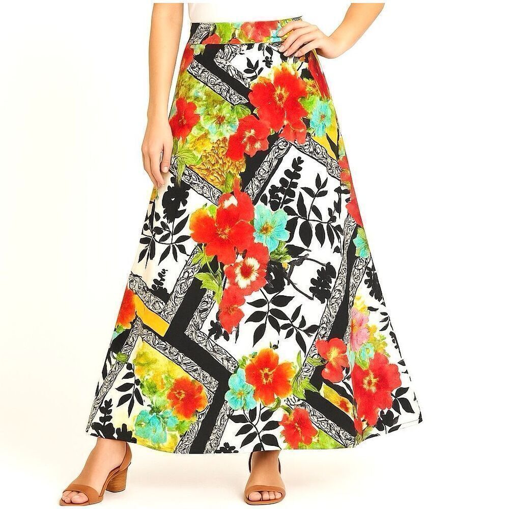 Boho Floral Patchwork Maxi Skirt – Vibrant Red Green Black White – Size S